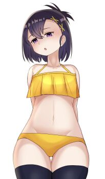 1girl :o ao_(flowerclasse) arms_behind_back bikini black_hair black_thighhighs blush breast_curtains commentary cowboy_shot gabriel_dropout groin hair_ornament half-closed_eyes halterneck head_tilt highres looking_at_viewer lowleg lowleg_bikini navel purple_eyes short_hair simple_background solo standing swimsuit thigh_gap thighhighs vignette_tsukinose_april white_background x_hair_ornament yellow_bikini