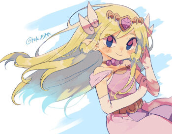1girl artist_name bare_shoulders blonde_hair closed_mouth commentary_request dress elbow_gloves gloves hand_in_own_hair highres jewelry light_blush long_hair looking_at_viewer necklace nintendo pink_dress princess_zelda smile solo the_legend_of_zelda the_legend_of_zelda:_spirit_tracks tiara tokuura toon_zelda twitter_username white_gloves