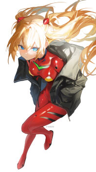 1girl black_jacket blue_eyes bodysuit breasts commentary frown hands_in_pockets haruri highres jacket long_hair mecha_pilot_suit medium_breasts neon_genesis_evangelion orange_hair plugsuit_(evangelion) red_bodysuit simple_background solo souryuu_asuka_langley untranslatable_commentary white_background