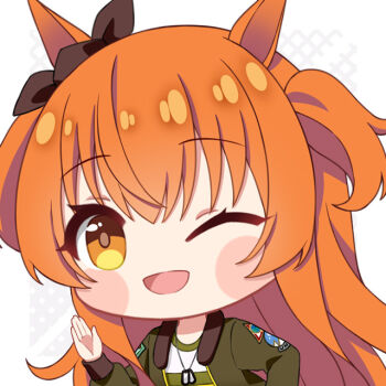 Rule 34 | 1girl, animal ears, blush stickers, chibi, commentary, dog tags, ear scrunchie, english commentary, fpsmoe, green jacket, hand up, horse ears, horse girl, jacket, long hair, long sleeves, mayano top gun (umamusume), no nose, one eye closed, open mouth, orange hair, puffy long sleeves, puffy sleeves, smile, solo, umamusume, upper body