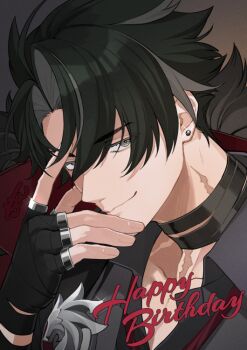 1boy bandaged_hand bandaged_neck bandages black_gloves black_hair choco_c14 commentary_request earrings fingerless_gloves genshin_impact gloves grey_eyes grey_hair hair_between_eyes happy_birthday jewelry looking_at_viewer male_focus multicolored_hair necktie red_necktie scar scar_on_neck simple_background smirk solo sparkle stud_earrings upper_body wriothesley_(genshin_impact)