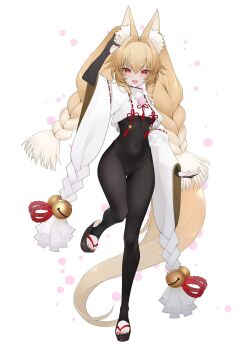 1girl animal_ear_fluff animal_ears bell black_bodysuit blonde_hair bodysuit braid breasts clothing_cutout commentary_request fang fox_ears fox_girl fox_shadow_puppet fox_tail full_body gloves gradient_hair highres hokori_kei indie_virtual_youtuber looking_at_viewer medium_breasts multicolored_hair nido_celisius okobo open_mouth partially_fingerless_gloves platform_sandals red_nails sandals shoulder_cutout shrug_(clothing) sidelocks skin_tight solo standing standing_on_one_leg tail thick_eyebrows toeless_legwear twin_braids very_long_tail virtual_youtuber white_background white_hair white_shrug wide_sleeves wispy_bangs