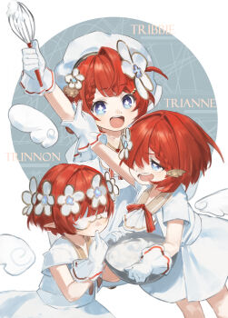 3girls absurdres arm_up blindfold blue_eyes bowl character_name commentary_request cross-shaped_pupils dress flower gloves hair_flower hair_ornament hat highres holding holding_bowl holding_whisk honkai:_star_rail honkai_(series) looking_at_viewer matching_outfits miaooon mixing_bowl multiple_girls official_alternate_costume pointy_ears reaching red_hair short_hair short_sleeves siblings sisters symbol-shaped_pupils tasting trianne_(honkai:_star_rail) tribbie_(delicacies)_(honkai:_star_rail) tribbie_(honkai:_star_rail) trinnon_(honkai:_star_rail) triplets two-tone_background whisk white_dress white_gloves white_hat