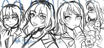 2girls bang_dream! bang_dream!_it&#039;s_mygo!!!!! chinese_commentary commentary_request drawn_ears girls_band_cry highres holding_carton kawaragi_momoka long_hair mask monochrome mouth_mask multicolored_hair multiple_girls roots_(hair) simple_background sketch timoris_(bang_dream!) tongue tongue_out white_background yahata_umiri yoyoray20001996