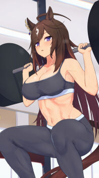1girl ahoge alternate_costume animal_ears armpits bare_shoulders black_pants black_sports_bra blush breasts brown_hair cleavage collarbone commentary_request duramente_(umamusume) exercising hair_between_eyes harakomeshi highres horse_ears horse_girl horse_tail indoors large_breasts long_hair midriff multicolored_hair navel pants purple_eyes simple_background solo sports_bra squat_(exercise) squatting stomach streaked_hair sweat tail training umamusume weightlifting white_hair workout_clothes