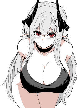 1girl absurdres arknights bare_shoulders black_choker black_horns black_sports_bra blush breasts choebal1356201 choker cleavage closed_mouth collarbone commentary cowboy_shot earrings grey_hair hair_between_eyes highres horns jewelry large_breasts leaning_forward long_hair material_growth mudrock_(arknights) oripathy_lesion_(arknights) pointy_ears red_eyes simple_background solo sports_bra thigh_gap white_background