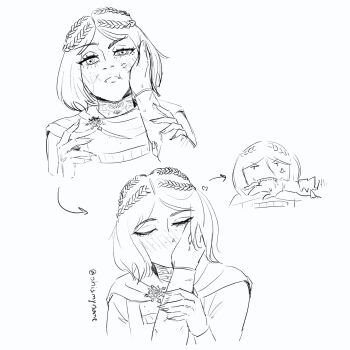 1boy 1girl anger_vein biting biting_another's_hand blush braid cape_clasp chibi choker cloak commentary dovahkiin english_commentary freckles greyscale heart highres kiss kissing_hand looking_at_viewer monochrome ohismyname serana the_elder_scrolls the_elder_scrolls_v:_skyrim