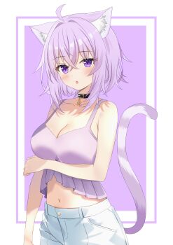 1girl :o absurdres ahoge animal_ears belt belt_collar black_belt border breasts cat_ears cat_girl cat_tail cleavage collar cowboy_shot hair_intakes highres hololive large_breasts light_blush looking_at_viewer midriff navel nekomata_okayu parted_lips purple_background purple_eyes purple_hair purple_tank_top short_hair shorts sidelocks simple_background solo tail tank_top user_vcwz3474 virtual_youtuber white_belt white_border white_shorts
