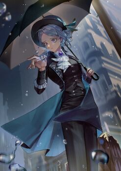 1girl absurdres ascot black_coat black_hat black_pants black_umbrella black_vest blue_bow boater_hat bow building coat collared_shirt cowboy_shot grey_hair hair_bun hand_up hands_up hat hat_bow highres holding holding_umbrella looking_to_the_side manmandi outdoors pants parted_lips purple_eyes reverse:1999 shirt short_hair single_side_bun solo suitcase turning_head umbrella vertin_(reverse:1999) vest waistcoat water_drop white_ascot white_shirt