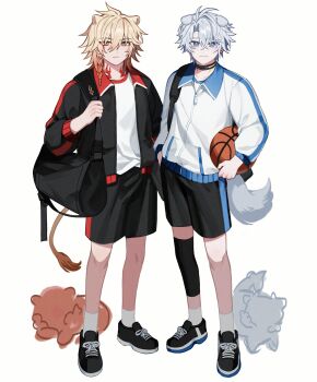2boys alternate_costume animal_ears antenna_hair bag ball basketball_(object) black_choker black_jacket black_shoes black_shorts blonde_hair blue_eyes braid chimera_(honkai:_star_rail) choker dog_boy dog_ears dog_tail duffel_bag facial_tattoo full_body gradient_hair hand_in_pocket hashtag-only_commentary highres holding holding_ball honkai:_star_rail honkai_(series) jacket knee_pads lion_boy lion_ears lion_tail male_focus medium_hair multicolored_hair multiple_boys mydei_(fig_stew)_(honkai:_star_rail) mydei_(honkai:_star_rail) neck_tattoo parted_bangs phainon_(honkai:_star_rail) phainon_(vigethos)_(honkai:_star_rail) pin3909 red_hair red_tattoo shirt shoes short_hair shorts side_braid simple_background socks sportswear sun_symbol sun_tattoo tachi-e tail tan tattoo white_background white_hair white_jacket white_shirt white_socks yellow_eyes