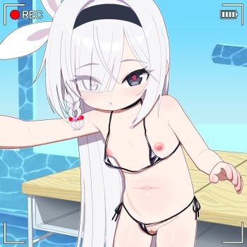 1girl absurdres alternate_costume bare_arms bare_legs bare_shoulders bikini black_bikini black_choker black_hairband blue_archive blush bow braid caustics censored choker cleft_of_venus collarbone cowboy_shot cromachina desk eyes_visible_through_hair flat_chest grey_eyes hair_bow hair_over_one_eye hairband halterneck highres loli long_hair looking_at_viewer loose_bikini micro_bikini mixed-language_commentary mosaic_censoring navel nipple_slip nipples paid_reward_available parted_bangs parted_lips plana_(blue_archive) pussy red_pupils school_desk shiny_skin short_braid side-tie_bikini_bottom side_braid sidelocks stomach string_bikini swimsuit very_long_hair viewfinder white_bow white_hair