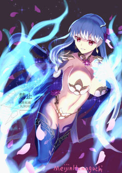 1girl armlet armor bikini_armor blue_fire blue_hair blue_skin breasts cleavage collar colored_inner_hair colored_skin commentary_request earrings fate/grand_order fate_(series) fire flower grin hair_ribbon highres jewelry kama_(adult)_(fate) kama_(assassin)_(third_ascension)_(fate) kama_(fate) kama_(third_ascension)_(fate) large_breasts long_hair looking_at_viewer lotus metal_collar multicolored_hair narukamikagerou navel petals red_eyes ribbon smile solo thighlet thighs two-tone_hair white_hair