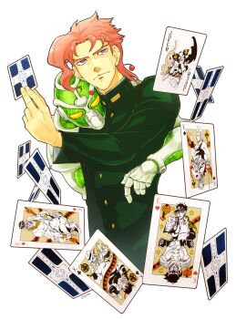 1boy 2boys boston_terrier card cherry_earrings club_(shape) clubs diamonds diamonds_(playing_card) dog dual_persona earrings food-themed_earrings food_themed_earrings gakuran green_gakuran hat heart hearts_(playing_card) hermit_purple hierophant_green highres iggy_(jojo) jean_pierre_polnareff jewelry jojo_no_kimyou_na_bouken joker_(playing_card) joseph_joestar joseph_joestar_(old) joseph_joestar_(young) kakyoin_noriaki king_(playing_card) king_of_clubs king_of_diamonds king_of_hearts king_of_spades kuujou_joutarou magician&#039;s_red male_focus mohammed_avdol multiple_boys muraji_(waveman) pink_hair playing_card purple_eyes sazanami_(waveman) scarf school_uniform silver_chariot spade spade_(shape) spades stand_(jojo) star_platinum the_fool_(stand) transparent_background