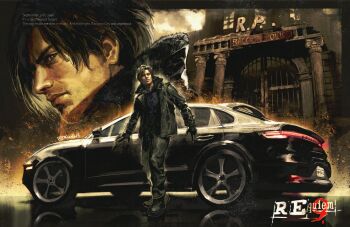 Rule 34 | 1boy, absurdres, black jacket, car, commentary, english commentary, gun, highres, jacket, kornart, leon s. kennedy, light machine gun, machine gun, male focus, motor vehicle, open clothes, open jacket, porsche, resident evil, resident evil requiem, rpd, solo, weapon