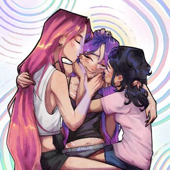 Rule 34 | 3girls, black hair, body markings, girl sandwich, highres, kiss, kpop demon hunters, long hair, mira (kpop demon hunters), multiple girls, phan4t, polyamory, purple hair, red hair, rumi (kpop demon hunters), sandwiched, shirt, sitting on leg, yuri, zoey (kpop demon hunters)