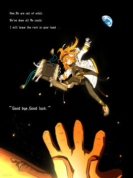 1girl a.i._voice accident adachi_rei belt black_pantyhose black_shirt blush brown_skirt commentary commentary_request earth_(planet) english_commentary english_text floating floating_hair hair_ribbon highres jacket jetpack long_hair long_sleeves looking_at_viewer mixed-language_commentary one_side_up open_clothes open_jacket orange_belt orange_eyes orange_hair outstretched_arms pantyhose peril planet pov pov_hands reaching reaching_towards_another ribbon shirt shoes skirt sneakers solo_focus space spread_arms tororo_mochimochi utau white_jacket white_ribbon wide-eyed zero_gravity