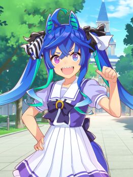 1girl @_@ absurdres ahoge animal_ears aqua_hair artist_request back_bow bare_arms black_bow black_ribbon blue_bow blue_bowtie blue_eyes blue_hair blue_shirt blue_sky bow bowtie breasts brooch clenched_hand cloud collarbone colored_inner_hair cowboy_shot crossed_bangs day dot_nose excited eyelashes eyes_visible_through_hair fingernails frilled_skirt frills game_cg hair_bow hair_ribbon hand_on_own_hip heterochromia high-waist_skirt highres horse_ears horse_tail horseshoe_ornament jewelry lamppost light_blush long_hair long_sidelocks messy_hair miniskirt multicolored_hair official_art open_mouth outdoors path pleated_skirt pointing pointing_at_self puffy_short_sleeves puffy_sleeves purple_eyes ribbon road sailor_collar school school_uniform shade sharp_teeth shirt short_sleeves sidelocks skirt sky small_breasts smile solo standing striped_ribbon tail tareme teeth tracen_school_uniform tree twin_turbo_(umamusume) twintails two-tone_hair two-tone_ribbon two-tone_shirt umamusume upper_teeth_only v-shaped_eyebrows very_long_hair wavy_hair white_ribbon white_sailor_collar white_shirt white_skirt window