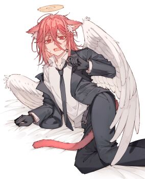 1boy androgynous angel angel_devil_(chainsaw_man) angel_wings animal_ear_fluff animal_ears arm_support bed_sheet belt between_legs black_gloves black_jacket black_necktie black_pants black_suit business_suit cat_boy cat_ears cat_tail chainsaw_man collared_shirt commentary deep_(deep4946) ears_down feathered_wings formal_clothes gloves hair_between_eyes halo hand_up highres jacket jacket_partially_removed kemonomimi_mode long_hair long_hair_between_eyes male_focus messy_hair necktie open_mouth pants red_eyes red_hair shirt solo suit suit_jacket sweat symbol-only_commentary tail tail_between_legs traditional_halo white_background white_wings wings