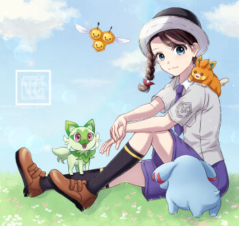 1girl black_hat black_socks blue_eyes braid brown_hair brown_shoes closed_mouth cloud collared_shirt combee commentary_request day gen_2_pokemon gen_4_pokemon gen_9_pokemon grass hat highres jasmine_cha juliana_(pokemon) logo necktie nintendo outdoors pawmi phanpy pokemon pokemon_(creature) pokemon_on_leg pokemon_sv purple_necktie purple_shorts school_uniform shirt shoes short_sleeves shorts sitting sky smile socks sprigatito watermark