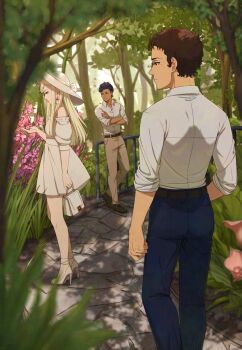 1girl 2boys against_railing bag bare_shoulders belt belt_buckle black_belt black_hair black_shoes blonde_hair blue_eyes blue_pants blurry blurry_foreground brown_belt brown_eyes brown_hair brown_pants buckle closed_mouth collared_shirt crossed_arms dark-skinned_male dark_skin day dress enelous flower forest gigi_andalusia gundam gundam_hathaway's_flash hat hathaway_noa high_heels highres holding holding_bag holding_flower kenneth_sleg long_hair looking_at_flowers looking_to_the_side multiple_boys nature off-shoulder_dress off_shoulder open_collar outdoors pants path pink_flower railing ribbon road shirt shoes short_dress short_hair sleeves_rolled_up slice_of_life standing sun_hat three-quarter_sleeves tree vegetation very_short_hair white_bag white_dress white_hat white_ribbon white_shirt white_shoes