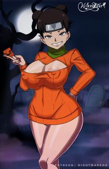 1girl alternate_breast_size_(larger) areola_slip artist_name breasts brown_eyes brown_hair cleavage cleavage_cutout clothing_cutout condom condom_wrapper double_bun eyelashes feet_out_of_frame female_focus hair_bun half-closed_eyes hand_on_own_hip hand_up huge_breasts looking_at_viewer matching_hair/eyes moon naruto_(series) naruto_shippuuden naughty_face night night_sky nightmare_hdraw orange_sweater outdoors panties pantyshot short_hair sky solo standing sweater tenten_(naruto) underwear wide_hips