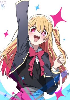 1girl :d absurdres arm_up black_vest blonde_hair blue_jacket blush bow bowtie collared_shirt commentary_request cowboy_shot cropped_jacket dress_shirt grey_skirt hair_between_eyes hand_up hanten_(hantennano) highres hoshino_ruby jacket long_hair long_sleeves looking_at_viewer mismatched_pupils no_pupils one_side_up open_clothes open_jacket open_mouth oshi_no_ko partial_commentary pink_bow pink_bowtie red_eyes school_uniform shirt sidelocks signature skirt smile solo sparkle star-shaped_pupils star_(symbol) symbol-shaped_pupils teeth upper_teeth_only vest white_background white_shirt youtou_high_school_uniform