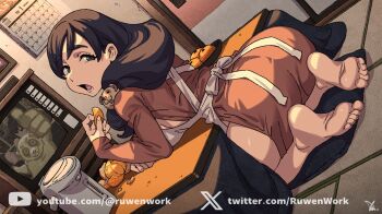 1girl 1other animal_hair_ornament apron artist_name bare_legs barefoot black_eyes black_hair breasts calendar_(object) commentary creature door dress dutch_angle facing_away feet floor food fruit full_body hair_over_shoulder holding holding_food indoors ireading kneeling kotatsu lanmei large_breasts leaning_forward leaning_on_object logo long_hair long_sleeves looking_at_viewer looking_back low-tied_long_hair lower_teeth_only on_floor open_mouth orange_(fruit) orange_dress orange_shirt original shirt sidelocks signature sitting soles solo solo_focus straight_hair table tatami teeth television thick_eyebrows thumbs_up twitter_username twitter_x_logo under_kotatsu under_table watermark web_address white_apron white_background youtube_logo youtube_username