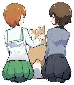 2girls animal baby_animal back black_collar black_neckerchief black_skirt black_socks blouse blush brown_eyes brown_hair collar dog dress_shirt from_behind girls_und_panzer green_skirt grey_shirt kuromorimine_school_uniform long_sleeves looking_at_viewer miniskirt multiple_girls neckerchief nishizumi_family_dog nishizumi_maho nishizumi_miho ooarai_school_uniform pleated_skirt puppy sailor_collar sasaki_tatsuya school_uniform serafuku shiba_inu shirt short_hair siblings simple_background sisters skirt smile socks white_background white_sailor_collar white_shirt wing_collar
