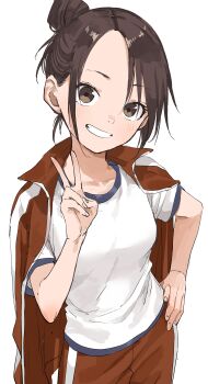 1girl absurdres blush brown_eyes brown_hair clenched_teeth commentary_request gym_uniform hair_bun highres jacket jacket_on_shoulders looking_at_viewer manemane_nichinichi nagisa_akane revision shirt simple_background single_hair_bun smile solo teeth v white_background white_shirt yamamoto_souichirou