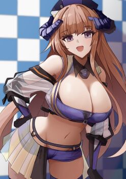 1girl absurdres arknights bagpipe_(arknights) bare_shoulders black_eyes black_gloves blue_shorts blurry blurry_background blush breasts cleavage crop_top curled_horns detached_sleeves elbow_gloves gloves highres horns large_breasts lastmatch500 long_hair looking_at_viewer navel open_mouth see-through_clothes see-through_sleeves short_shorts shorts smile solo thighhighs