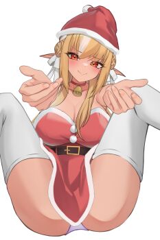 1girl absurdres bare_shoulders blonde_hair breasts christmas cleavage collarbone commentary dark-skinned_female dark_elf dark_skin dress elf hashtag-only_commentary hat highres hololive large_breasts long_hair pointy_ears rashin red_dress red_eyes red_hat santa_hat shiranui_flare simple_background strapless strapless_dress upper_body virtual_youtuber white_background
