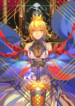 1girl absurdres artoria_pendragon_(fate) avalon_(fate) black_gloves blonde_hair breasts commentary crown dress excalibur_(fate/stay_night) fate/grand_order fate_(series) flower gloves green_eyes highres hiro_(hirohiro_gorira) looking_at_viewer medium_breasts own_hands_together saber_(fate) sheath sheathed sleeveless sleeveless_dress smile solo sword weapon white_dress wide_sleeves