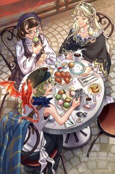 Rule 34 | 3girls, beret, beryl bouanich, black cloak, black pants, blonde hair, blue coat, blue neckerchief, bread, brick floor, brown hair, brume (reverse:1999), candy jar, celia (reverse:1999), chair, cloak, closed eyes, coat, coffee, coffee mug, coffee pot, commentary request, cup, dragonfly hair ornament, eating, food, fork, from above, glasses, green hat, hat, highres, holding, holding coffee pot, holding cup, holding food, i (220 i 284), long hair, looking at viewer, macaron, mug, multiple girls, neckerchief, newsboy cap, on chair, pants, plate, pouring, purple hat, reverse:1999, round eyewear, round table, shirt, short hair, sitting, spoon, table, tank top, unworn coat, white shirt, white tank top, yellow eyes