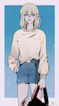 Rule 34 | 1girl, bang dream!, bang dream! it's mygo!!!!!, black bag, blonde hair, blue background, blue shorts, blush, border, brown sweater, commentary request, glint, hair between eyes, hand in pocket, maybecrosswise, medium hair, misumi uika, open mouth, outside border, purple eyes, shorts, solo, sweater, thai commentary, white border