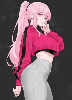 1girl absurdres alternate_costume bluefield blunt_bangs blush breasts commentary covered_underboob cowboy_shot fingernails from_side grey_background grey_pants hand_up high-waist_pants high_ponytail highres hololive hololive_english large_breasts light_smile long_hair long_sleeves looking_at_viewer midriff mori_calliope outside_border pants parted_lips pink_eyes pink_hair pink_nails pink_shirt ponytail shirt sidelocks simple_background single_sleeve_past_wrist solo steam steaming_body virtual_youtuber yoga_pants