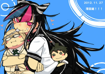 1girl black_hair black_sailor_collar blush_stickers character_doll commentary_request cone_hair_bun danganronpa_(series) danganronpa_2:_goodbye_despair dated doll double_bun food food_on_face hair_bun heart hinata_hajime holding long_hair mioda_ibuki multicolored_hair pink_eyes pink_hair sailor_collar school_uniform serafuku short_sleeves simple_background solo streaked_hair togami_byakuya_(danganronpa_2) very_long_hair white_hair yomosaka