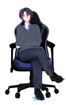 Rule 34 | 1girl, absurdres, black hair, black pants, black shoes, black sweater, blue eyes, blue shirt, chair, collared shirt, gaming chair, highres, hiodoshi ao, hiodoshi ao (1st costume), hololive, hololive dev is, medium hair, pants, shirt, shoes, simple background, sitting, solo, sweater, swivel chair, v-neck, virtual youtuber, white background, yana shiiii