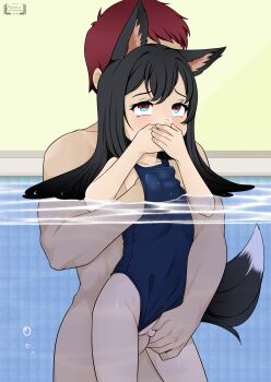 1boy 1girl absurdres age_difference animal_ears artist_logo black_hair blue_eyes blue_one-piece_swimsuit blush clothed_female_nude_male clothing_aside commission faceless faceless_male flat_chest fox_ears fox_girl fox_tail hand_under_clothes hand_under_swimsuit hands_on_own_face height_difference hetero highres logo loli long_hair nude one-piece_swimsuit oozutsucannon original partially_submerged partially_underwater_shot penis pool pussy sex sex_from_behind sogeki_(fuyumi_sogeki) solo_focus standing standing_sex swimsuit tail uncensored vaginal water wet wet_clothes