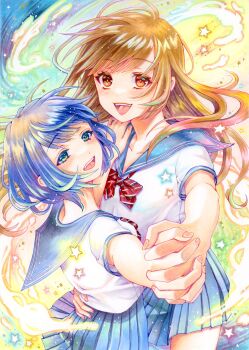 2girls absurdres aqua_eyes blue_hair blue_sailor_collar blue_sky blush bob_cut bow bowtie brown_eyes brown_hair colorful commentary_request dai_dai_da dancing diagonal-striped_bow diagonal-striped_bowtie diagonal-striped_clothes fingernails floating_hair hand_on_another&#039;s_back happy highres holding_hands interlocked_fingers long_hair looking_at_viewer marker_(medium) multiple_girls no_dickey open_mouth original pleated_skirt red_bow red_bowtie sailor_collar school_uniform serafuku shirt short_hair short_sleeves skirt sky smile star_(symbol) striped_bow striped_bowtie striped_clothes traditional_media white_shirt