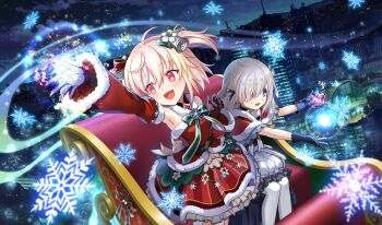 2girls ahoge armpits artist_request ayano_rika ayano_rika_(christmas_ver.) bare_shoulders bell belt belt_buckle black_belt black_choker black_gloves black_ribbon blonde_hair blue_bow blue_bowtie blue_eyes blue_gloves blue_sky bow bowtie bubble_skirt buckle building capelet chest_jewel choker city cloud collar cross-shaped_buckle detached_collar detached_sleeves dot_nose eyes_visible_through_hair feet_out_of_frame flower frilled_skirt frills fur-trimmed_capelet fur-trimmed_hood fur-trimmed_shirt fur-trimmed_skirt fur-trimmed_sleeves fur_trim game_asset gem gloves gold_buckle green_bow green_bowtie grey_hair hair_bell hair_between_eyes hair_bow hair_flower hair_ornament hair_over_one_eye hair_ribbon halter_shirt halterneck happy highres hood hood_down hooded_capelet isuzu_ren isuzu_ren_(christmas_ver.) juliet_sleeves light_blush light_particles long_sleeves looking_to_the_side loose_hair_strand magia_record:_mahou_shoujo_madoka_magica_gaiden magic mahou_shoujo_madoka_magica mahou_shoujo_madoka_magica_magia_exedra miniskirt multiple_girls night official_alternate_costume official_art open_mouth outdoors outstretched_arm pantyhose petticoat pink_eyes pleated_skirt puffy_sleeves red_bow red_capelet red_collar red_gem red_shirt red_skirt red_sleeves ribbon shirt short_hair short_twintails sitting skirt sky skyscraper sleigh smile snowflake_brooch snowflakes standing striped_bow striped_bowtie striped_clothes striped_skirt studded_belt tareme third-party_source train_(clothing) twintails vertical-striped_clothes vertical-striped_skirt white_flower white_pantyhose white_ribbon white_skirt