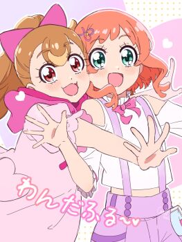 2girls :d aqua_eyes artist_name bare_shoulders blush bow brown_hair buttons clothing_cutout commentary cowboy_shot cropped_shirt dotted_background drawstring dress frilled_sleeves frills front-to-back hair_between_eyes hair_bow hair_ornament hairclip hand_up heart heart_background heart_hair_ornament heart_pockets highres hood hood_down hooded_dress inukai_iroha inukai_komugi long_hair looking_at_viewer midriff miri_(crafimiri) multiple_girls neck_ribbon open_hands open_mouth orange_hair outstretched_arms pact_holder patterned_background pink_bow pink_dress pink_ribbon ponytail pouch precure puffy_short_sleeves puffy_sleeves purple_shorts red_eyes ribbon shirt short_hair_with_long_locks short_sleeves shorts shoulder_cutout signature smile spread_fingers suspender_shorts suspenders translated white_shirt wonderful_pact wonderful_precure!