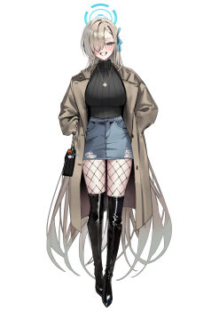 1girl absurdly_long_hair absurdres alternate_costume asuna_(blue_archive) black_bag black_boots blue_archive boots brown_coat brown_hair coat commentary_request fishnet_pantyhose fishnets full_body hair_over_one_eye halo hand_in_pocket highres jewelry long_hair long_sleeves looking_at_viewer mango_(mango0208) necklace open_clothes open_coat pantyhose revision simple_background skirt smile solo standing sweater thigh_boots torn_clothes torn_skirt turtleneck turtleneck_sweater very_long_hair white_background