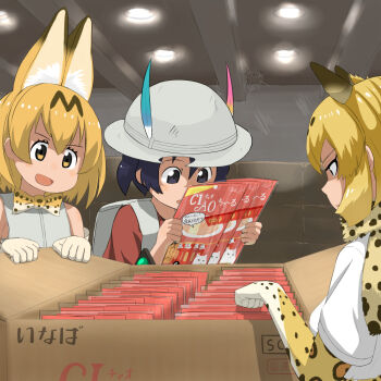 10s animal_ears animal_print backpack bag blonde_hair bow bowtie box bucket_hat cross-laced_clothes elbow_gloves fur_collar gloves hat hat_feather indoors jaguar_(kemono_friends) jaguar_ears kaban_(kemono_friends) kemono_friends lamp leopard_print multicolored_hair multiple_girls open_mouth red_shirt serval_(kemono_friends) shirt short_hair short_sleeves silk sleeveless sleeveless_shirt smile spider_web translation_request two-tone_bow two-tone_bowtie warehouse
