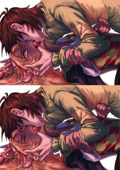 1girl 1other alien_stage animal_ears antlers blonde_hair blood brown_eyes checkered_sweater_vest closed_eyes commentary deer_antlers deer_ears deltarune english_commentary furry furry_female gem green_sweater hand_on_another's_face heart-shaped_gem highres holding_another's_arm horns jewelry kris_(deltarune) long_hair long_sleeves noelle_holiday other_with_female red_gem ring signature sushieartz sweater thorn_ring_(deltarune) utdr_(toby_fox) weird_route_(deltarune)