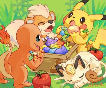 absurdres akira_(akira_art_poke) apple berry_(pokemon) blue_eyes charmander chesto_berry closed_eyes commentary_request fire flame-tipped_tail food fruit gen_1_pokemon grepa_berry growlithe highres leppa_berry meowth nintendo open_mouth oran_berry outdoors payapa_berry pecha_berry pikachu pokemon pokemon_(creature) pokemon_sleep signature sleeping spelon_berry tail