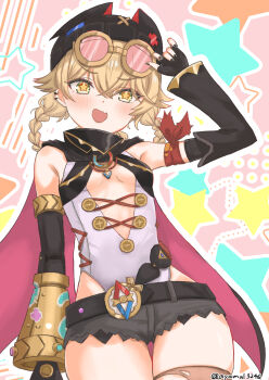 1girl ayamal_(mainichi_ryokucha) belt black_belt black_gloves black_hat black_shorts blush cowboy_shot detached_sleeves fang genshin_impact gloves goggles goggles_on_headwear green_eyes hair_rings hat highres jahoda_(genshin_impact) open_mouth pink_background red_scarf scarf shirt short_hair short_shorts shorts sleeveless sleeveless_shirt solo star-shaped_pupils star_(symbol) symbol-shaped_pupils thighs yellow_pupils