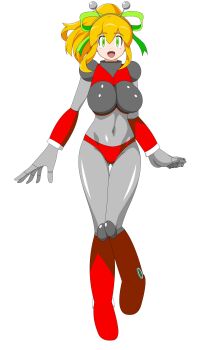 absurdres android antennae armor armored_boots armored_gloves arms_up assatakku bikini_armor blonde_hair blue_eyes bodysuit boots breasts green_ribbon grey_bodysuit hair_ribbon hairband headphones highres hyper_roll_(marvel_vs._capcom) joints knee_boots knee_pads large_breasts long_hair looking_at_viewer marvel_vs._capcom mechanical_arms mechanical_boots mechanical_legs mega_man_(classic) mega_man_(series) ponytail radio_antenna red_armor ribbon robot robot_girl robot_joints roll_(mega_man) shoulder_armor sidelocks smile