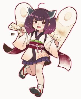 1girl :d ahoge between_fingers black_sandals brown_hair commentary_request food full_body gradient_hair grey_background headgear holding holding_food japanese_clothes kimono kiritanpo_(food) long_sleeves looking_at_viewer mawaru_(mawaru) multicolored_hair obi open_mouth pleated_skirt purple_hair purple_skirt red_eyes sandals sash simple_background skirt smile socks solo tabi touhoku_kiritan twintails voiceroid white_kimono white_socks wide_sleeves zouri
