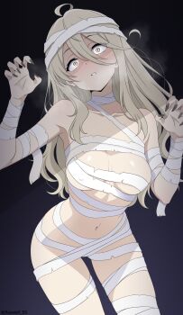 1girl absurdres ahoge bandage_on_hair bandaged_arm bandaged_chest bandaged_head bandaged_leg bandaged_torso bandages black_nails blonde_hair breasts claw_pose collarbone commentary_request fingernails gradient_background hair_between_eyes highres long_hair long_hair_between_eyes looking_at_viewer make_heroine_ga_oo_sugiru! medium_breasts mummy_costume nail_polish naked_bandage navel paid_reward_available parted_lips roswell_ss sanpaku sharp_fingernails shikiya_yumeko solo twitter_username yellow_eyes