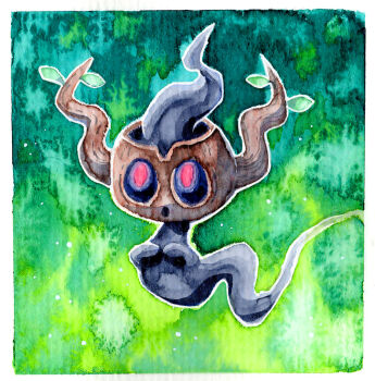 :o black_sclera border colored_sclera commentary english_commentary fleebites floating full_body gen_6_pokemon ghost green_background index_fingers_together leaf looking_at_viewer nintendo no_humans open_mouth outdoors outline painting_(medium) phantump pokemon pokemon_(creature) pokemon_focus red_eyes traditional_media watercolor_(medium) white_border white_outline